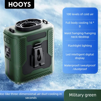HOOYS Personal Waist Portable Rechargeable Fan, 6000Mah Battery Power Bank, 5 Speeds 5300RPM Airflow, LED Light, Wearable Belt Fan for Outdoor, Jobsite, Farms, Traveling, Fishing