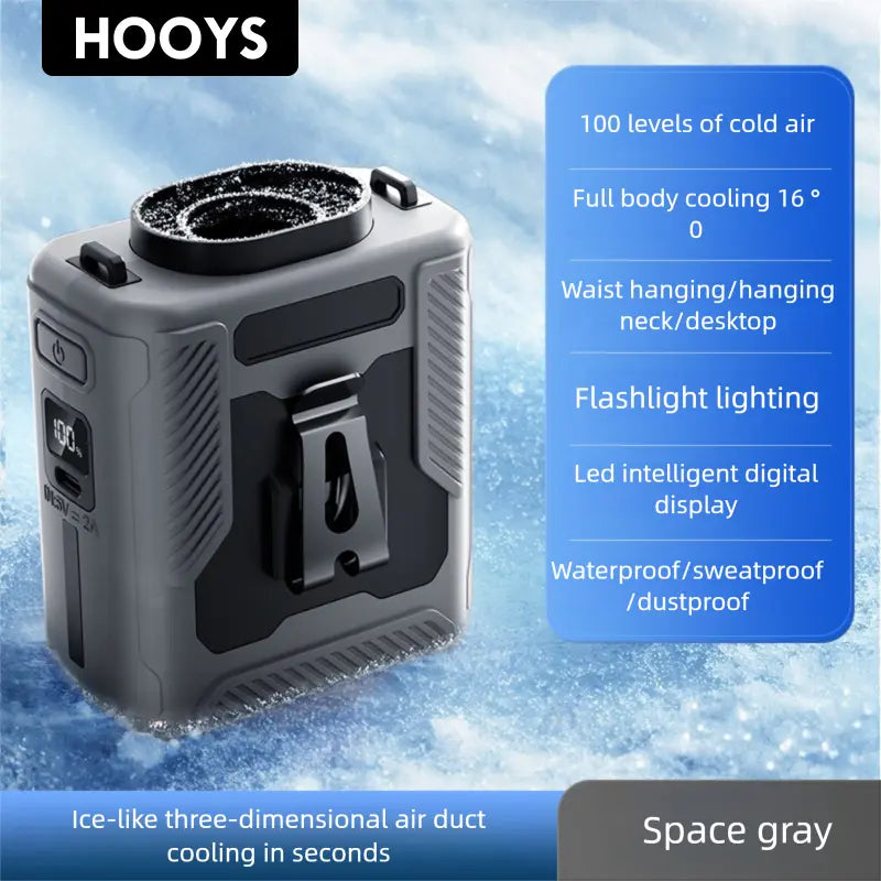 HOOYS Personal Waist Portable Rechargeable Fan, 6000Mah Battery Power Bank, 5 Speeds 5300RPM Airflow, LED Light, Wearable Belt Fan for Outdoor, Jobsite, Farms, Traveling, Fishing