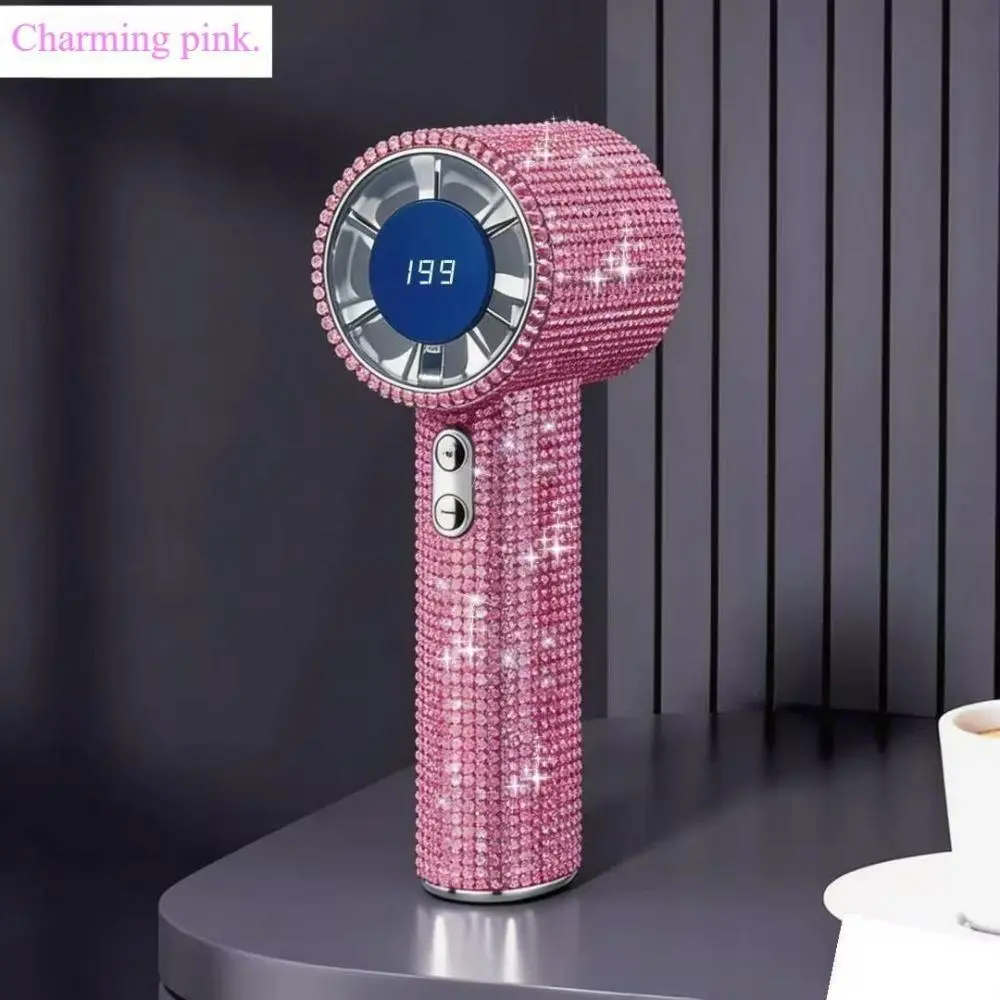 Bling Queen Diamond Handheld Fan - Portable Mini Fan with Digital Display, Adjustable Speed, Rechargeable Personal Fan for Travel, Makeup, and Outdoor Use - Ideal Gift for Women